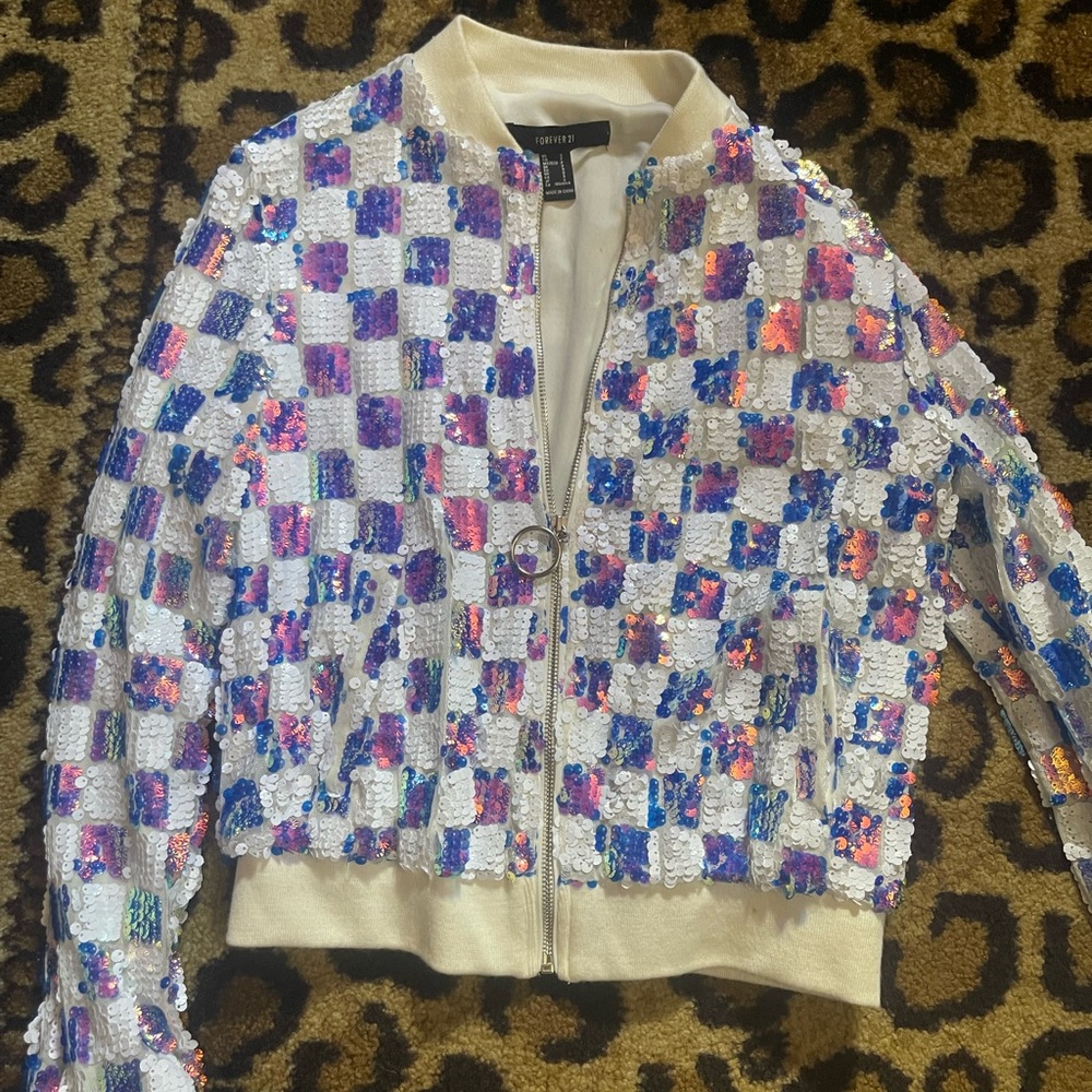 Long sleeve white and purple iridescent sequin zip up jacket small